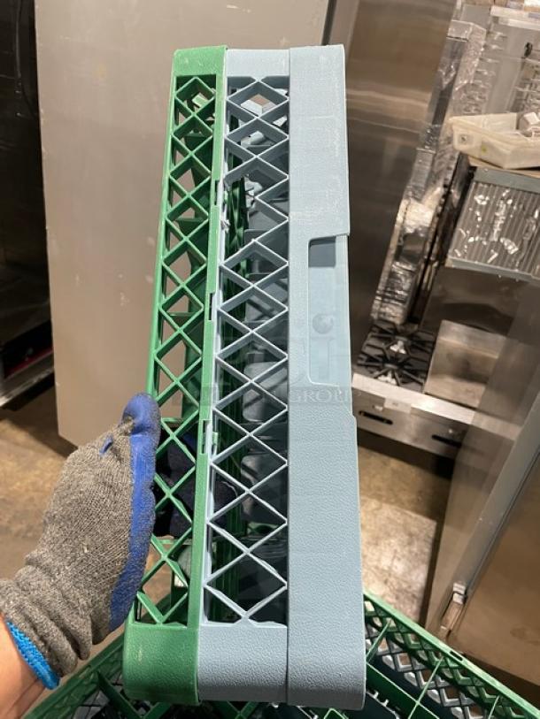 Noble Commercial Blue 36-compartment cup rack with green extender; includes dish dolly on casters.