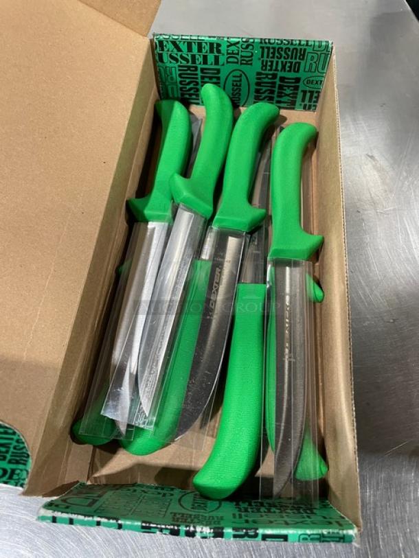 Dexter Russell EP516HG 6" hollow ground deboning knives, green grip handles, stainless steel, new in box.