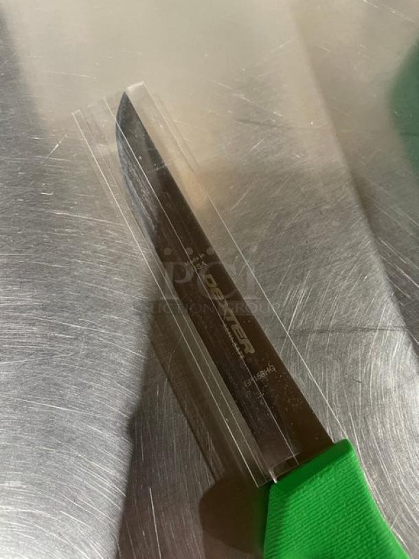 New Dexter Russell 6" stainless steel deboning knife, model EP516HG, with green grip handle. Hollow ground blade.