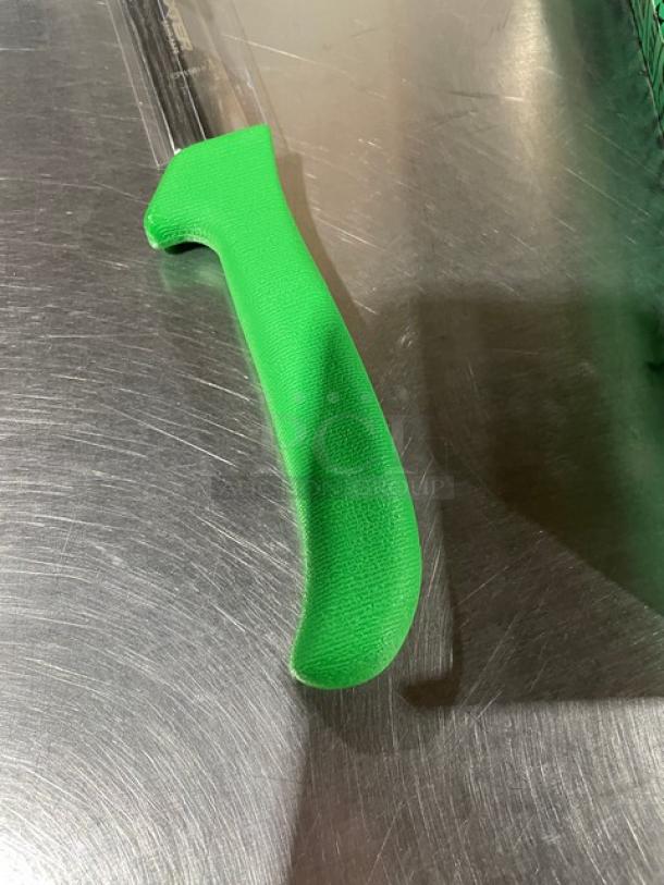 Dexter Russell 6" hollow ground deboning knife, model EP516HG, stainless steel blade, green grip handle, new condition.