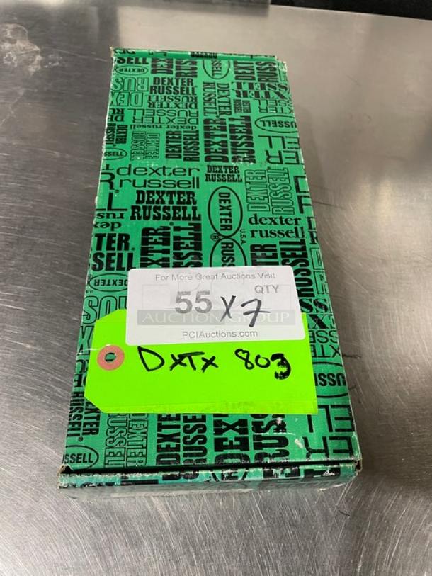 Dexter Russell Prodex Series knife box, model PDSH131-6ST, labeled "55 x 7," on a metal surface.