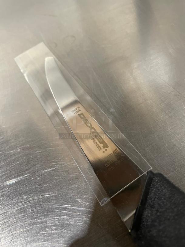 Dexter Russell Prodex 6" curved boning knife, stainless steel, black grip handle, model PDSH131-6ST, new condition.