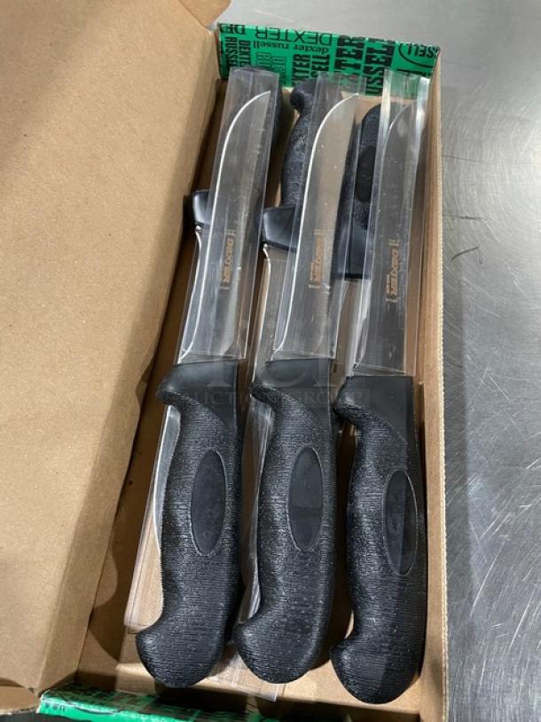 Dexter Russell Sani-Safe S114H knives, new, 7.5" stainless steel, black grip handles, in original packaging.