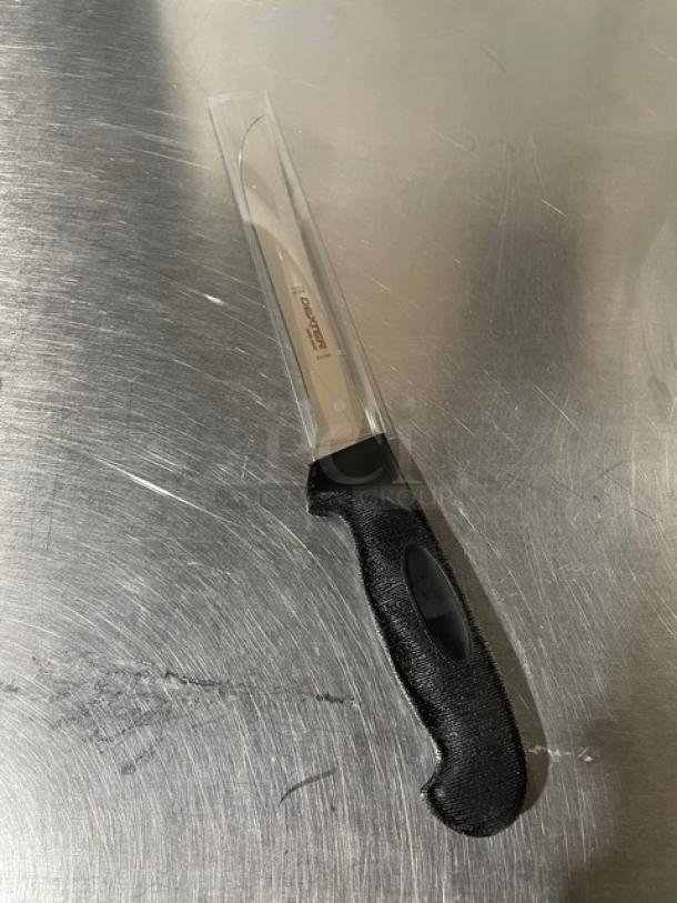 Dexter Russell Sani-Safe 7.5" stainless steel stiff heading knife, model S114H, with black grip handle, new condition.