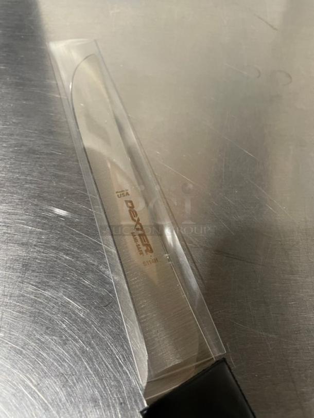 Dexter Russell Sani-Safe 7.5" stainless steel heading knife, model S114H, with black grip handle, new condition.