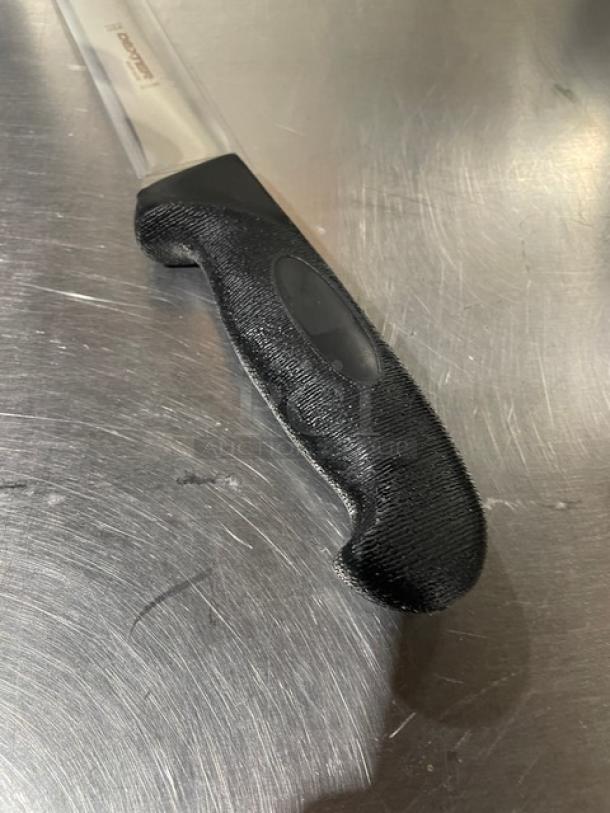 Dexter Russell Sani-Safe Series 7.5" stiff heading knife, model S114H, with black grip handle, stainless steel blade.