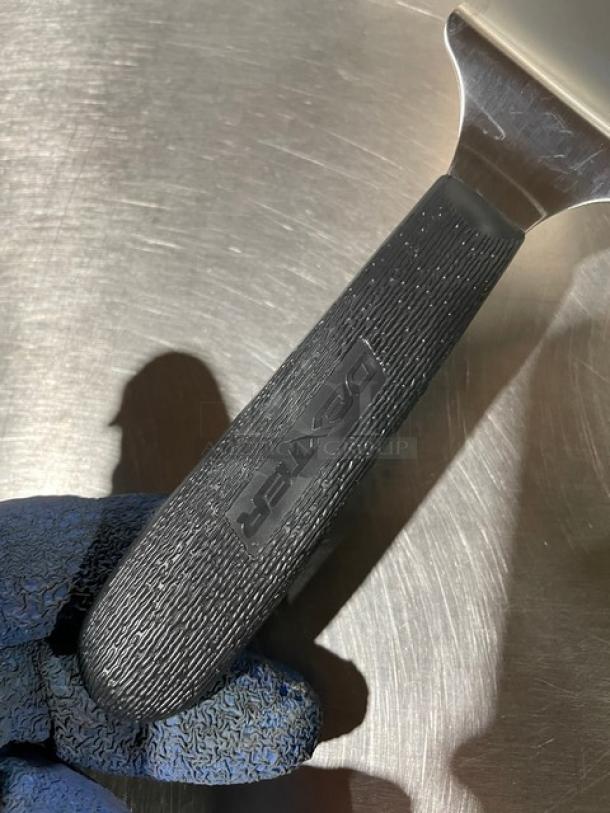 Dexter Russell Sani-Safe S174 pie knife, 4.5"x2.25", stainless steel, black grip handle with logo, new condition.