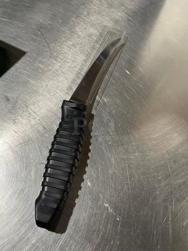 Dexter Russell Prodex 6" curved boning knife, model PDBH131SF-6, new condition, black grip handle, stainless steel blade.