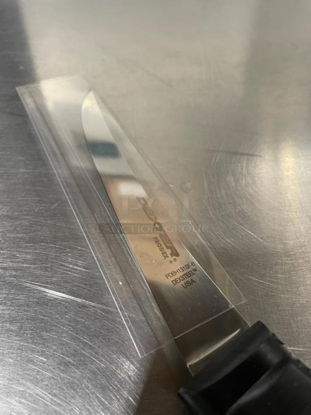 Dexter Russell Prodex Series 6" Curved Boning Knife, Model PDBH131SF-6, stainless steel blade, black grip handle. Made in USA.