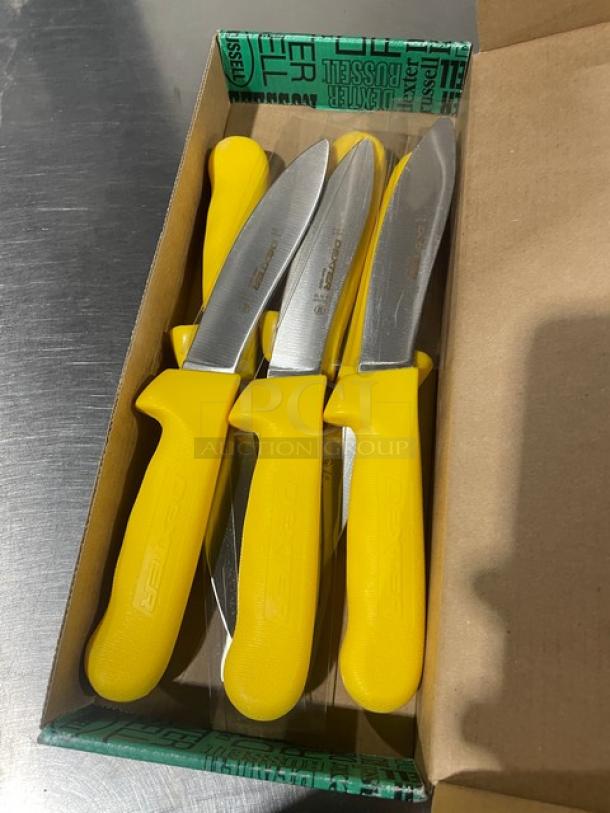 NEW Dexter Russell Sani-Safe SL12-51/4 sheep skinner knives, stainless steel, yellow grip, set of six in box.