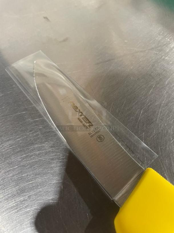 NEW Dexter Russell Sani-Safe 5-1/4" Sheep/Lamb Skinner, stainless steel blade, model SL12514, yellow grip handle.