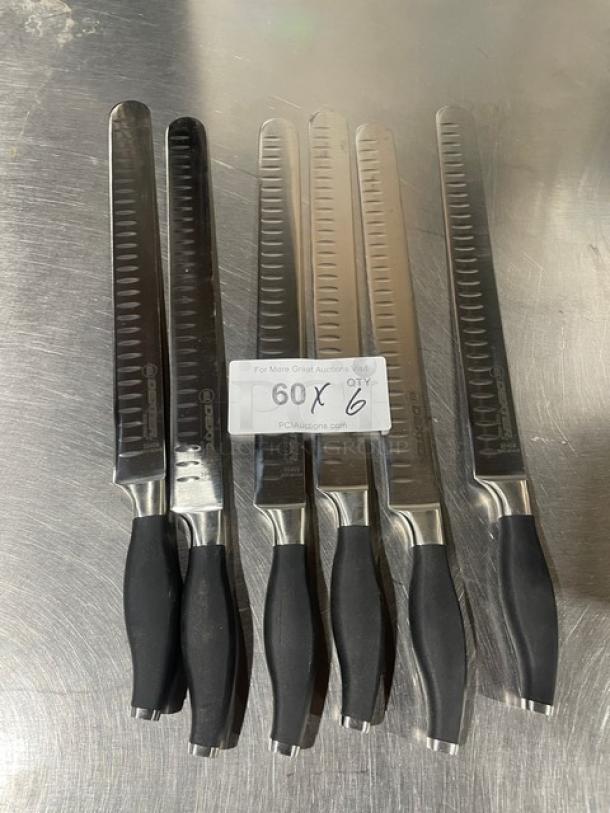 Six Dexter Russell I-Cut Pro Series 12" slicing knives, model 30409, new condition, black grip handles, stainless steel blades.