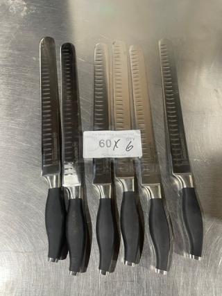 Six Dexter Russell I-Cut Pro Series 12" slicing knives, model 30409, new condition, black grip handles, stainless steel blades.