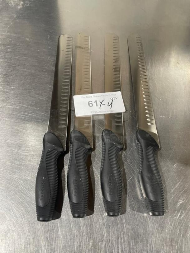 Four new Dexter Russell DuoGlide stainless steel slicer knives with black grip handles, duo-edge blades.