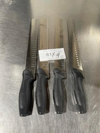 Four new Dexter Russell DuoGlide stainless steel slicer knives with black grip handles, duo-edge blades.