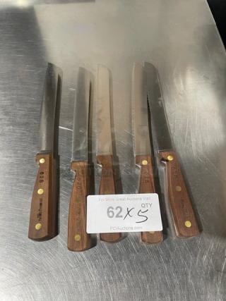 Dexter Russell 8" bread knives, model 628, with wooden grip handles. New condition. Set of 5.