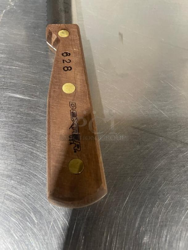 Dexter Russell Model 628 bread knife, 8-inch stainless steel blade, wooden grip handle, model number on handle.