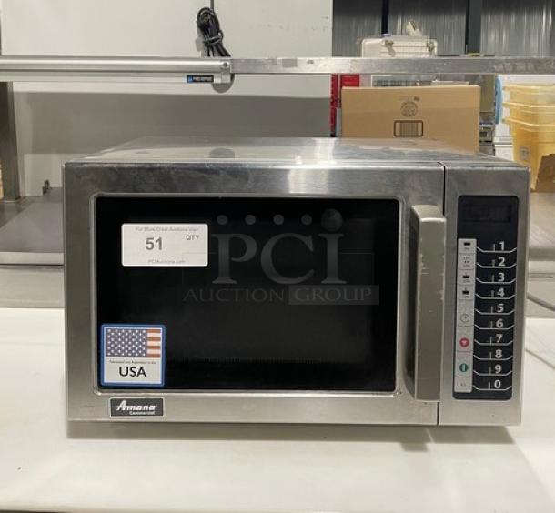 Amana RCS10TS commercial microwave oven, stainless steel, 2021 model, digital push control, stackable, 120V, SN: 2105140242.
