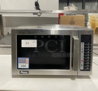 Amana RCS10TS commercial microwave oven, stainless steel, 2021 model, digital push control, stackable, 120V, SN: 2105140242.