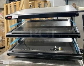 Hatco GR2SDS-360 commercial black 2-shelf slanted food warming merchandiser, electric powered, 120V, 1 Phase, in used condition.