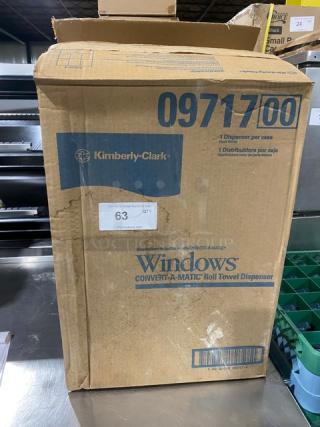 Kimberly-Clark Model 0971700 White Roll Towel Dispenser in original packaging, new condition, labeled "Windows Convert-A-Matic."