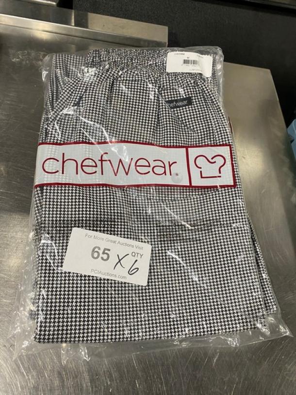 Chefwear CW11 commercial chef pants, black & white, size M, new in packaging. Tag indicates "6X Your Bid."