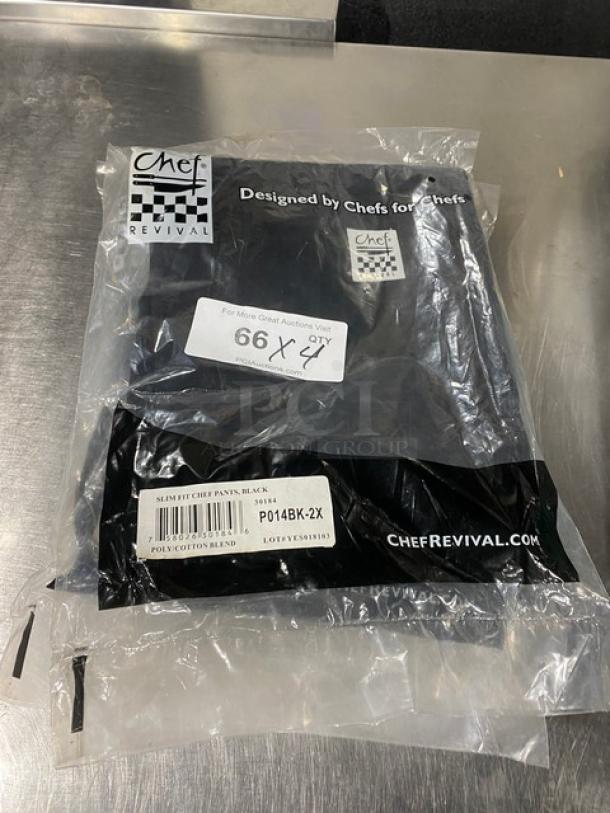 Chef Revival black poly/cotton blend 2X slim fit chef pants, model P014BK-2X, in new condition, labeled packaging visible.