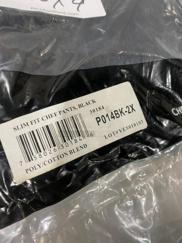 Chef Revival black poly/cotton slim fit chef pants, 2X size, model P014BK-2X. New in packaging with product label.
