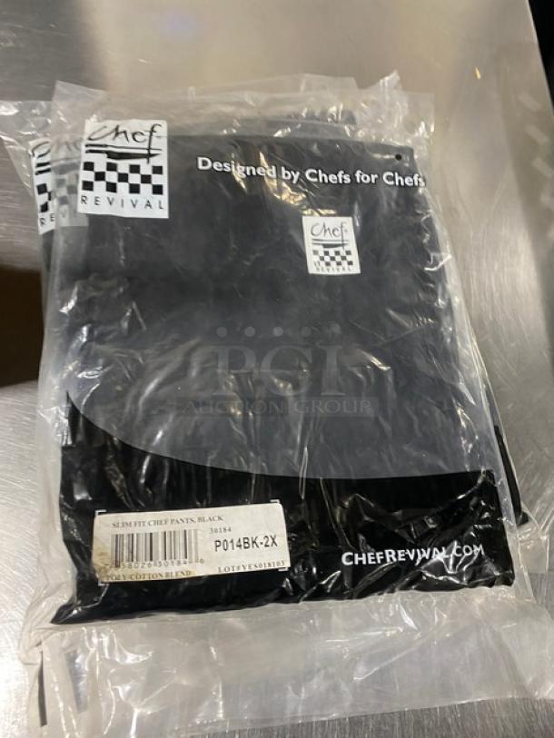 Chef Revival 2X Slim Fit Chef Pants in black, Model P014BK-2X. New in packaging, poly/cotton blend.
