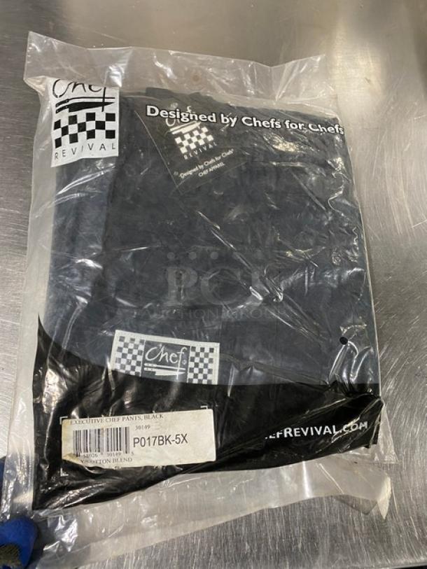 Chef Revival black poly/cotton blend executive chef pants, size 5X, model P017BK-5X, in original packaging.