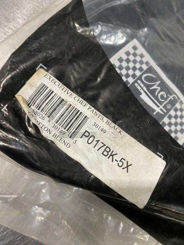 Chef Revival executive chef pants, black, poly/cotton blend, model P017BK-5X, size 5X. New in packaging with label.