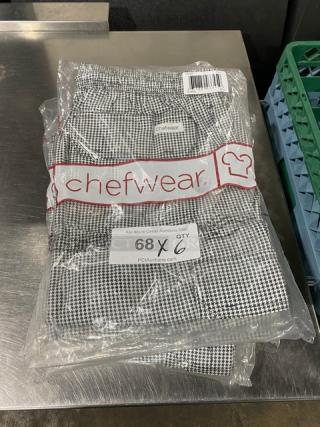 New Chefwear black & white chef pants, size L, model CW3200-CW11, in original packaging with label.