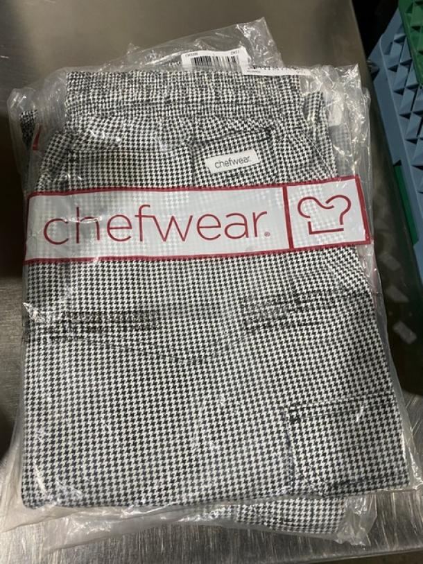 New Chefwear black & white L size chef pants, model CW3200-CW11, in original packaging.