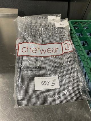 NEW Chefwear Commercial chef pants, model CW3900CW11, black & white, size S, in original packaging.