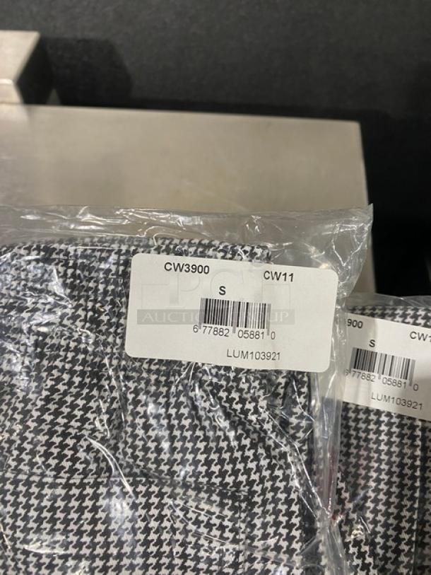 New Chefwear CW3900-CW11 chef pants, size S, black & white checkered pattern, in original packaging.
