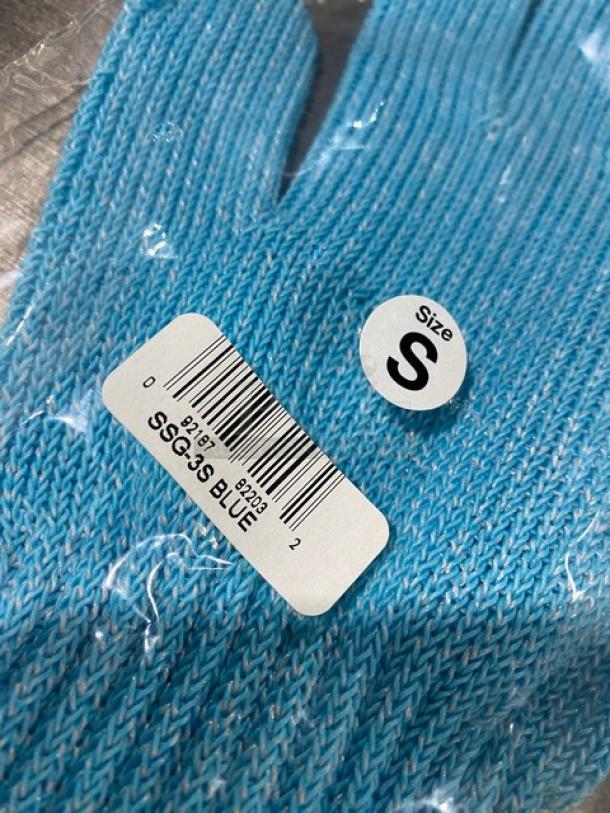 Blue commercial gloves, size small, model SSG-3S. New, in packaging with barcode sticker labeled "SSG-3S BLUE."