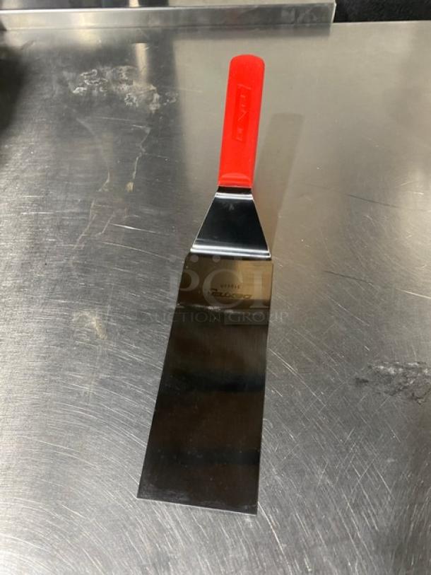 Dexter Russell 8" x 3" stainless steel turner, model 31989R, square edge, red grip handle, new condition.