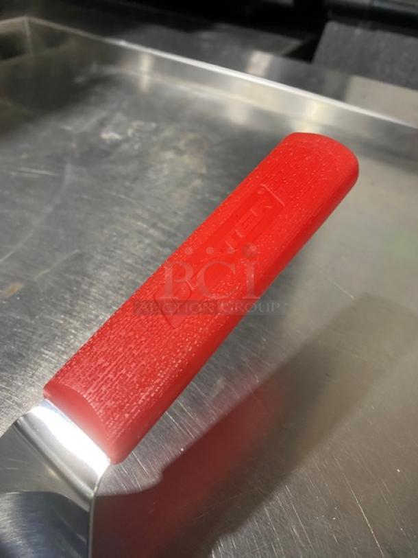 Dexter Russell 8" x 3" turner with red grip handle, model 31989R, stainless steel, new condition, engraved brand on handle.