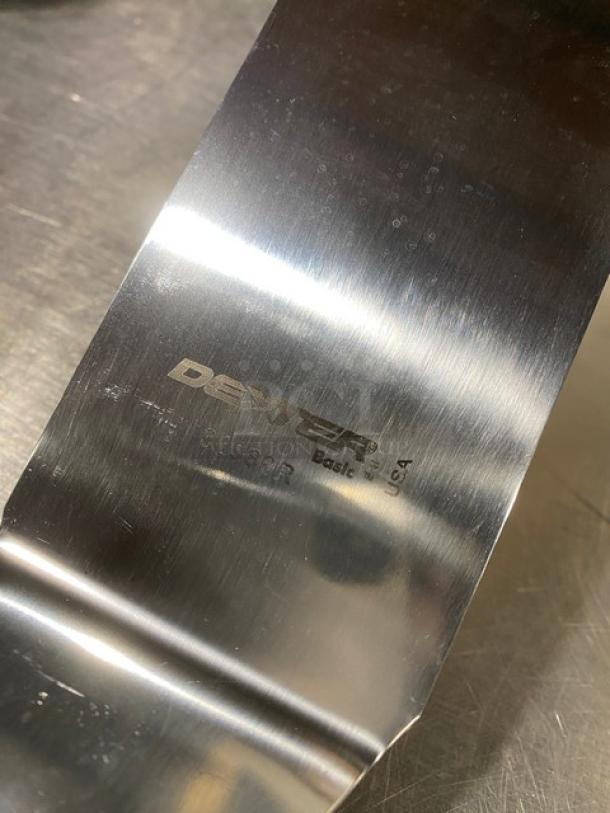 NEW Dexter Russell Stainless Steel 8"x3" Square Edge Turner, Red Grip, Model 31989R, USA-made, pristine condition.