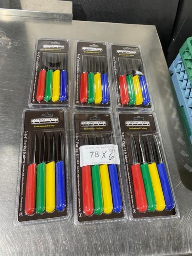 Montana Knife 3-1/4" pairing knives, multi-colored handles, NSF Certified, new in packaging, set of six packs.