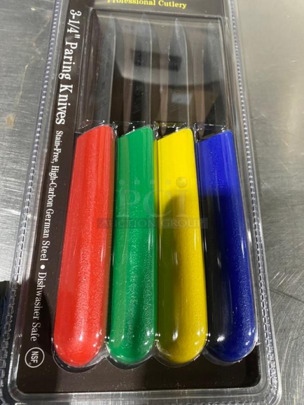 Montana Knife 3-1/4" paring knives, multi-colored handles, high-carbon German steel, NSF certified, new in packaging.