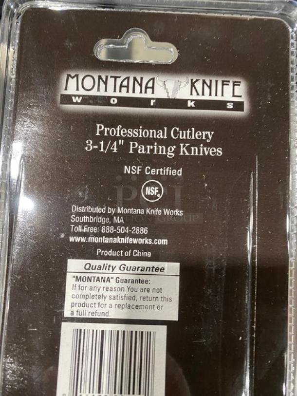Montana Knife 3-1/4" paring knives packaging, NSF certified, professional cutlery, product of China.
