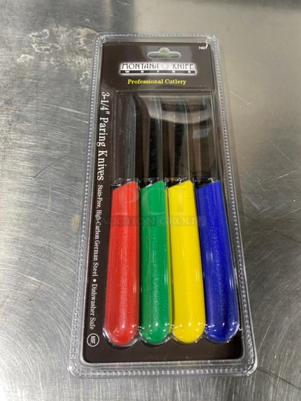 Montana Knife set of 3-1/4" paring knives with multi-colored handles. Sharp stainless steel, NSF certified, sealed package.