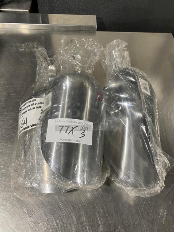 Three new commercial stainless steel 85 oz round ice scoops in plastic wrap, showing auction tags with quantity and item info.