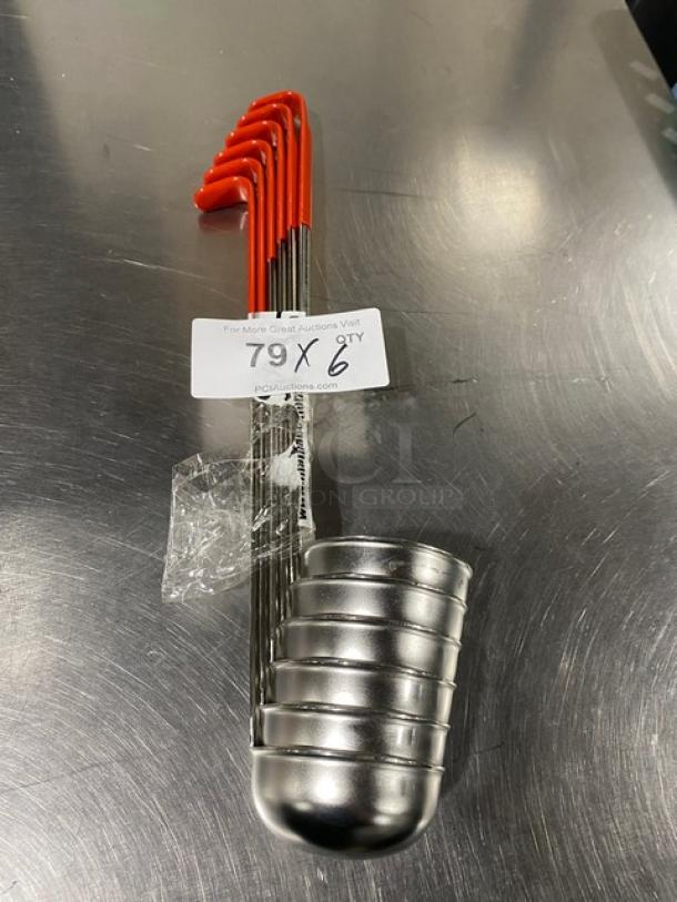 Polar Ware Commercial 4 oz stainless steel ladles, set of 6, with red handles. New condition, auction lot tag visible.