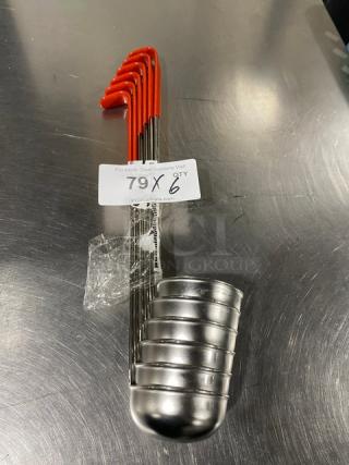 Polar Ware Commercial 4 oz stainless steel ladles, set of 6, with red handles. New condition, auction lot tag visible.