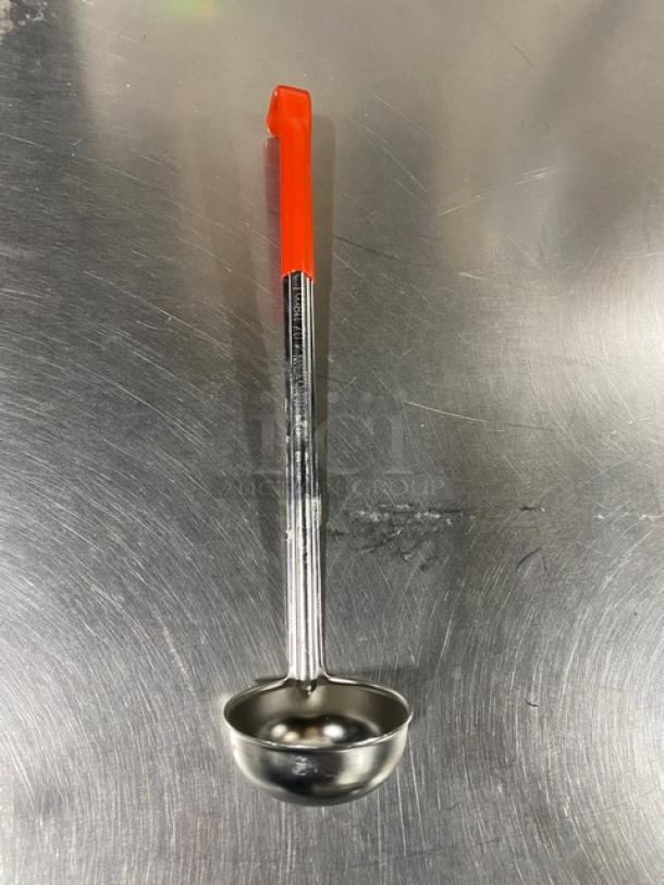 Polar Ware commercial stainless steel 4 oz ladle, new condition, red handle, durable design.