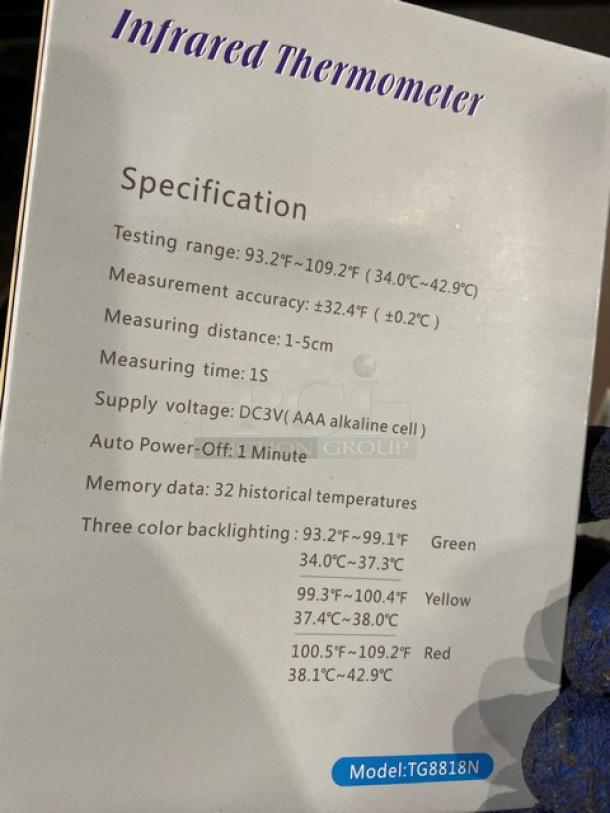 NEW TG8818N Infrared Non-Contact Forehead Thermometer, 1-5cm range, ±0.2°C accuracy, 32 memory data points, three color backlighting.