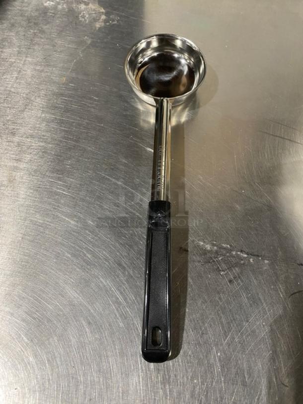 ABC stainless steel 6 oz serving spoon, model PPG6S, features a black grip handle, new condition.