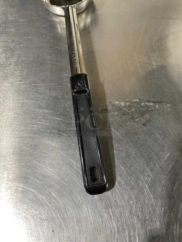 ABC Commercial 6 Oz Stainless Steel Serving Spoon, Model PPG6S, with black grip handle, new condition.